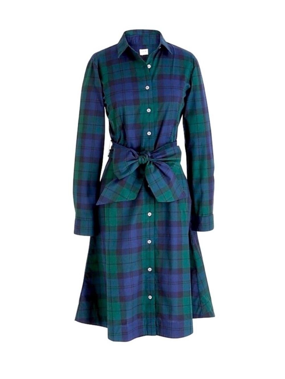 J. Crew Green and Blue Plaid Button-Down Cotton Shirt Dress with Waist Tie